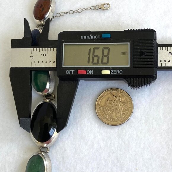 VTG Sterling Silver 925 Taxco Mexico Chunky Multi Gemstone Oval Link Bracelet - Picture 15 of 16